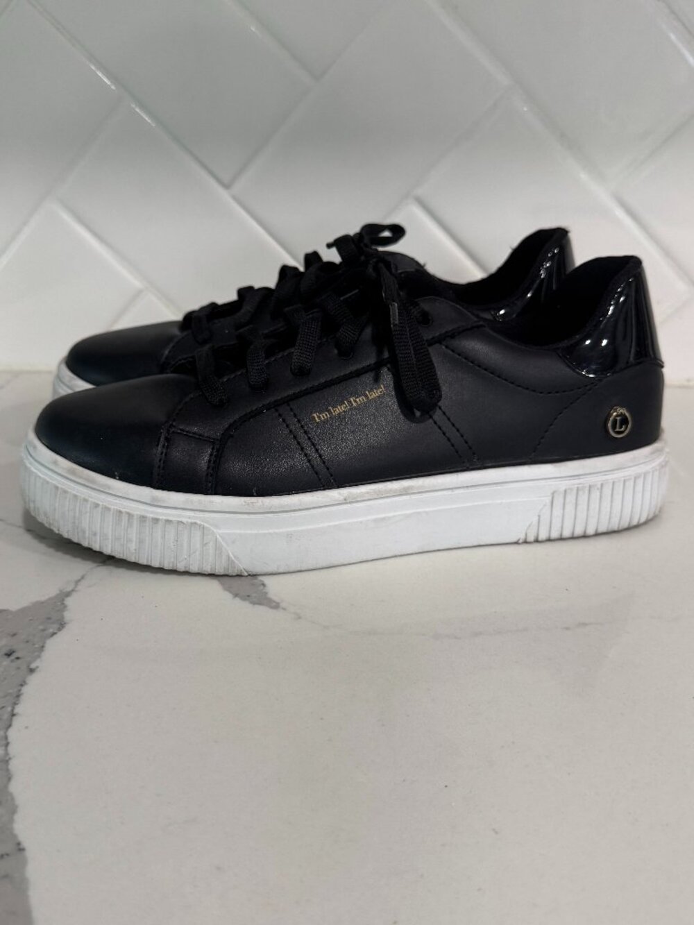 Loly in the Sky “I’m Late” Black Platform Sneakers 9.5 Gold L